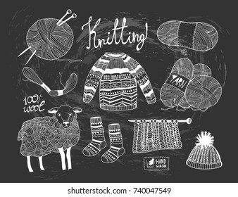 Hand drawn knitting elements. Graphic vector set. Chalkboard style. All elements are isolated