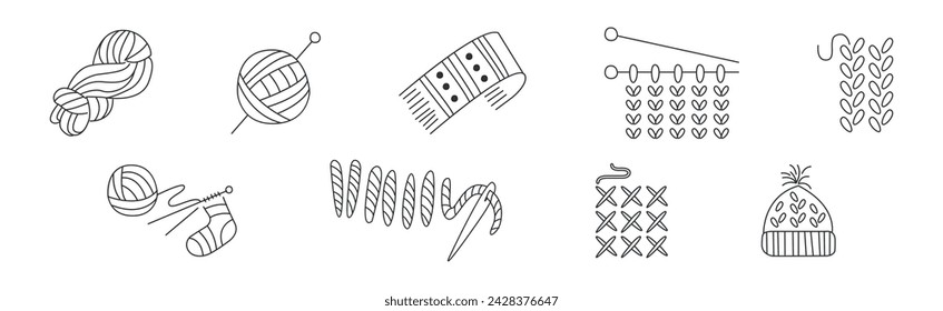 Hand Drawn Knitting Item with Yarn, Hat and Scarf Vector Set