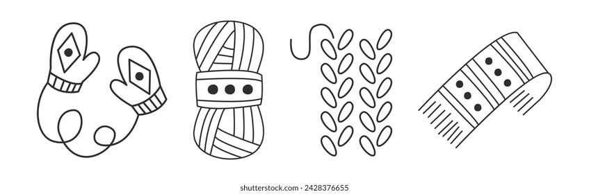 Hand Drawn Knitting Item with Yarn, Mitten and Scarf Vector Set