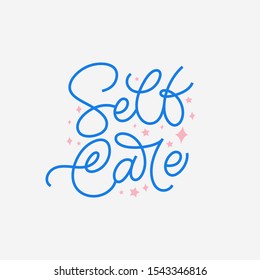 Hand Drawn Knitting Logo. The Inscription: Self Care. Perfect Design For Greeting Cards, Posters, T-shirts, Banners, Print Invitations.Monoline Style.