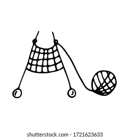 Hand drawn knitting needles and a ball isolated on a white background. Doodle, simple outline illustration. It can be used for decoration of textile, paper and other surfaces.