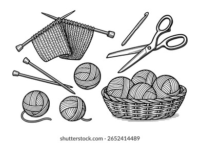 Hand Drawn Knitting Set with Yarn Balls, Needles, and Scissors Isolated on White
