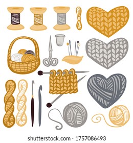 Hand drawn knitting set in yellow and gray colors