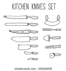 Hand drawn knives set. Doodle style. Vector set of different knives for all types of food.