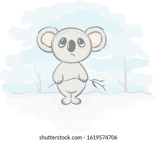 Hand drawn koala cartoon character. Animal koala bear  sad. Ecological disaster in Australia.  Vector illustration sketch for t shirt design, Cute Sticker, fashion print, graphic Greeting card.