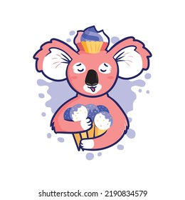 Hand drawn koala character. This is a 2D portrait of a girl who loves sweets, ice cream, cupcakes