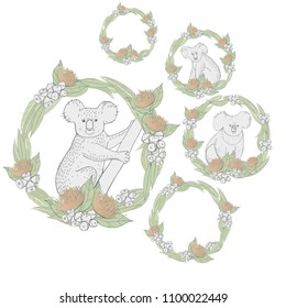 Hand drawn koala in a circle of leaves and flowers of eucalyptus.  Vector sketch  illustration.