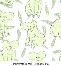 Hand drawn koala and eucalyptus leaves on white background. Vector  seamless pattern