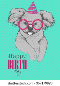 Hand Drawn Koala With Glasses And Cap. The Inscription On His Birthday. Koala Hipster