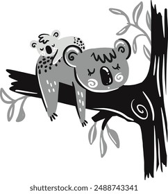 Hand drawn koala mum and baby sleeping in a tree