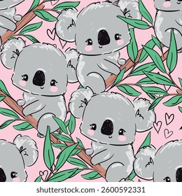 Hand drawn Koala pattern seamless. Print design for textile. Cute childish background.