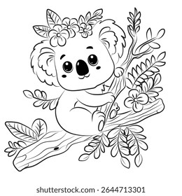 Coala desenhado à mão na ilustração de árvore para colorir vetor bonito