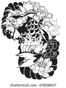 Hand drawn Koi, carp fish with peony flowers, lotuses and water splashes. Traditional Japanese arm tattoo design or coloring book illustration.