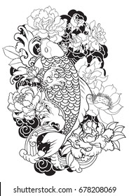 Hand drawn Koi, carp fish with peony flowers, lotuses and water splashes. Traditional Japanese arm tattoo design or coloring book illustration.