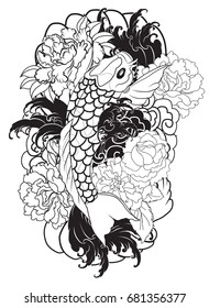 Hand drawn Koi, carp fish with peony flowers, lotuses and water splashes. Traditional Japanese arm tattoo design or coloring book illustration.Doodle and zentangle style
