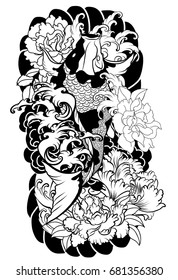 Hand drawn Koi, carp fish with peony flowers, lotuses and water splashes. Traditional Japanese arm tattoo design or coloring book illustration.Doodle and zentangle style
