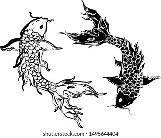 Hand drawn Koi carp on red background for auspiciousness of Chinese new year.Gold fish for festival on backdrops.Beautiful line art of koi fish.