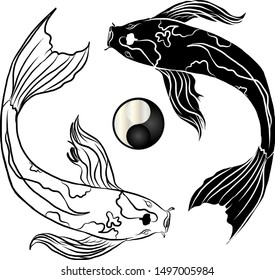 Hand drawn Koi carp on red background for auspiciousness of Chinese new year.Gold fish for festival on backdrops.Beautiful line art of koi fish.