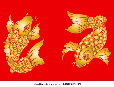 Hand drawn Koi carp on red background for auspiciousness of Chinese new year.Gold fish for festival on backdrops.Beautiful line art of koi fish.