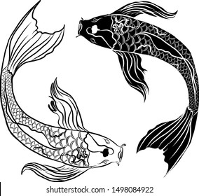 Hand drawn Koi carp on red background for auspiciousness of Chinese new year.Gold fish for festival on backdrops.Beautiful line art of koi fish.