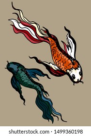 Hand drawn Koi carp on red background for auspiciousness of Chinese new year.Gold fish for festival on backdrops.Beautiful line art of koi fish.