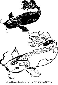 Hand drawn Koi carp on red background for auspiciousness of Chinese new year.Gold fish for festival on backdrops.Beautiful line art of koi fish.