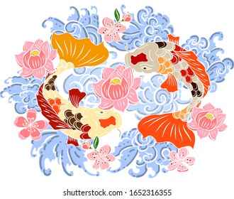 Hand drawn Koi carp on white background for auspiciousness of Chinese new year.Gold fish for festival on backdrops.Beautiful line art of koi fish.