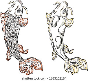 Mano dibujó carpa Koi sobre fondo rojo para la auspiciosidad del año nuevo chino. Pescado de oro para el festival sobre fondo. Hermoso arte de línea de pescado koi.