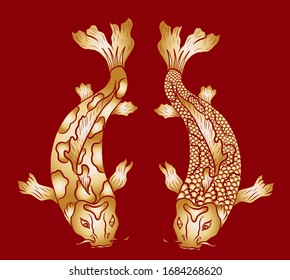 Hand drawn Koi carp on red background for auspiciousness of Chinese new year.Gold fish for festival on backdrops.Beautiful line art of koi fish.