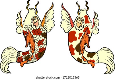 Mano dibujó carpa Koi sobre fondo rojo para la auspiciosidad del año nuevo chino. Pescado de oro para el festival sobre fondo. Hermoso arte de línea de pescado koi.