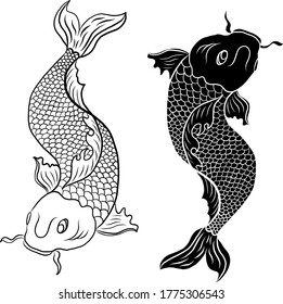Hand drawn Koi carp on white background for auspiciousness of Chinese new year.Gold fish for festival on backdrops.Beautiful line art of koi fish.