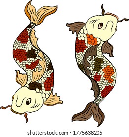 Hand drawn Koi carp on white background for auspiciousness of Chinese new year.Gold fish for festival on backdrops.Beautiful line art of koi fish.
