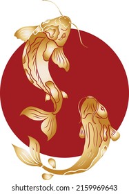 Mano dibujó carpas de Koi sobre fondo rojo para la auspiciosidad del año nuevo chino. Pescado de oro para el festival sobre fondo. Hermoso arte de línea de pescado koi.