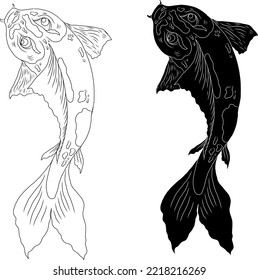 Hand drawn Koi carp on red background for auspiciousness of Chinese new year.Gold fish for festival on backdrops.Beautiful line art of koi fish.