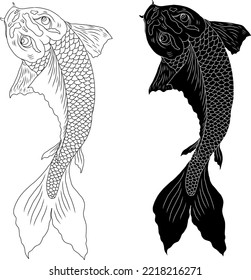 Hand drawn Koi carp on red background for auspiciousness of Chinese new year.Gold fish for festival on backdrops.Beautiful line art of koi fish.
