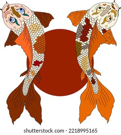 Hand drawn Koi carp on red background for auspiciousness of Chinese new year.Gold fish for festival on backdrops.Beautiful line art of koi fish.