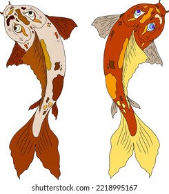 Mano dibujó carpas de Koi sobre fondo rojo para la auspiciosidad del año nuevo chino. Pescado de oro para el festival sobre fondo. Hermoso arte de línea de pescado koi.