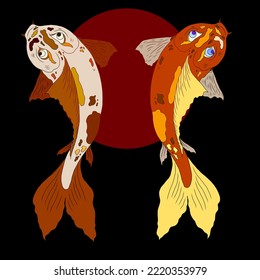 Hand drawn Koi carp on red background for auspiciousness of Chinese new year.Gold fish for festival on backdrops. Beautiful line art of koi fish.