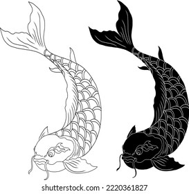 Hand drawn Koi carp on red background for auspiciousness of Chinese new year.Gold fish for festival on backdrops.Beautiful line art of koi fish.