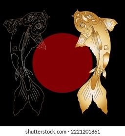 Hand drawn Koi carp on red background for auspiciousness of Chinese new year.Gold fish for festival on backdrops.Beautiful line art of koi fish.