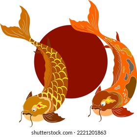 Hand drawn Koi carp on red background for auspiciousness of Chinese new year.Gold fish for festival on backdrops.Beautiful line art of koi fish.Japanese culture for elements on illustration art print 