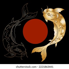 Hand drawn Koi carp on red background for auspiciousness of Chinese new year.Gold fish for festival on backdrops.Beautiful line art of koi fish.