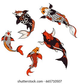 Hand drawn Koi crap vector set,Koi fish and  Japanese tattoo
