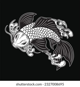 Hand Drawn Koi Fish Aquatic Black White Vintage Dark Art for Tattoo and Clothing illustration