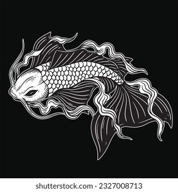 Hand Drawn Koi Fish Aquatic Black White Vintage Dark Art for Tattoo and Clothing illustration