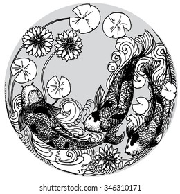 hand drawn koi fish in circle, Japanese carp line drawing coloring book vector image