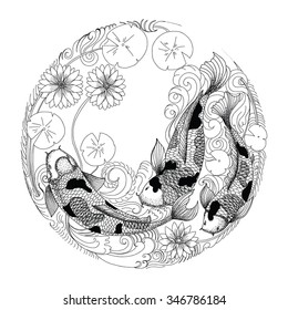 Hand Drawn Koi Fish In Circle, Japanese Carp Line Drawing Coloring Book Vector Image