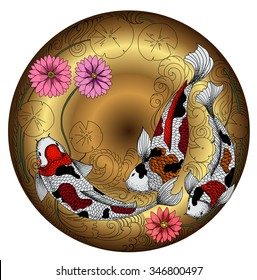 hand drawn koi fish in circle, Japanese carp line drawing coloring book vector image