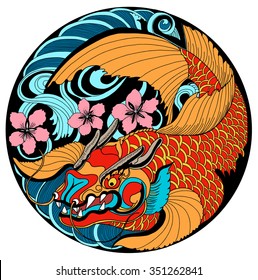 hand drawn koi fish in circle, Japanese carp line drawing coloring book vector image