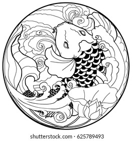 hand drawn koi fish in circle, Japanese carp line drawing coloring book vector image